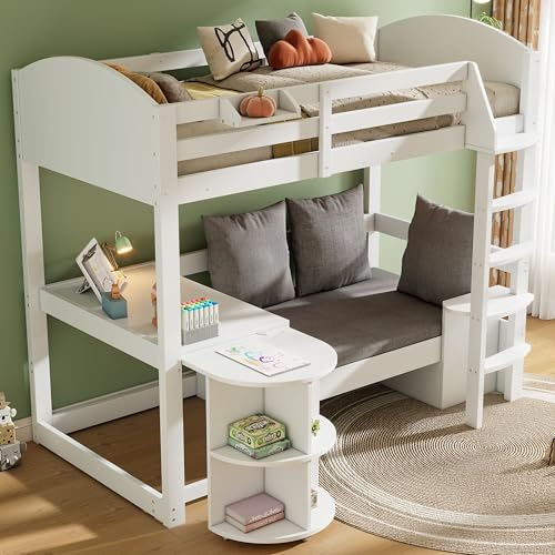 Etagenbett 90x200 cm Kinderbett Hochbett, Multifunktionales Etagenbett mit Ausziehbarem Tisch, Sofa mit Stauraum, Sitzkissen, 3 Kissen und Lagerregale, Stockbett Jugendhochbett, Ohne Matratze, Weiß