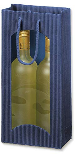 20 x Flaschentragetasche für 2 Flaschen Welle Blau mit Fenster 170 x 85 x 360 mm