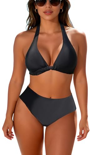 JFAN Costume da Bagno Donna a Vita Alta in Due Pezzi Stampa Floreale Bikini Halter Regolabile Costumi da Bagno,Nero,M