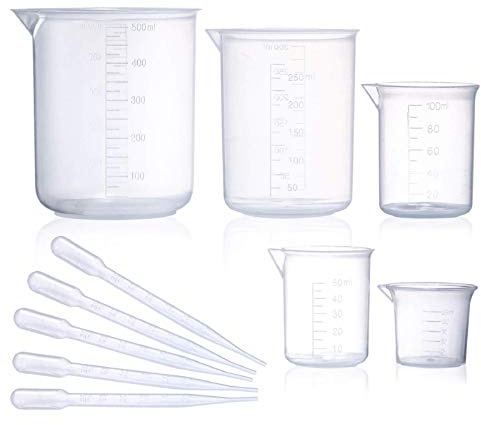 Kunststoff Becher-Set 5 Größen Low Form Messbecher Griffin PP Becher in 500 ml 250 ml 100 ml 50 ml 25 ml für Labor, Wissenschaft Experimente mit 5 Kunststofftropfen in 3 ml