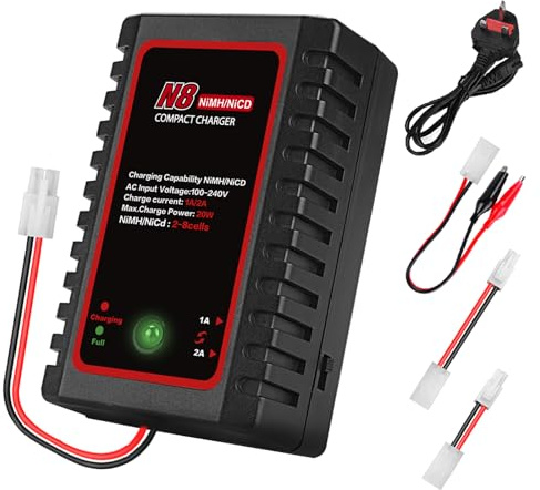 HTRC N8 NiMH Charger for 2-8s Nimh/NiCD Battery Pack (2.4V-9.6V) of Airsoft, RC Car, Boat, Drone - RC Charger for NiMH/NiCD Battery Pack with Standard/Mini Tamiya Connector