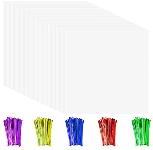Cinvo 120 st genomskinliga cellofanark med färgglada vrida snören cellofanplast transparensark för gör-det-själv-konst och hantverksprojekt och godsaker godisinslagning festtillbehör (tydlig, 7,5 x 7,5 tum)