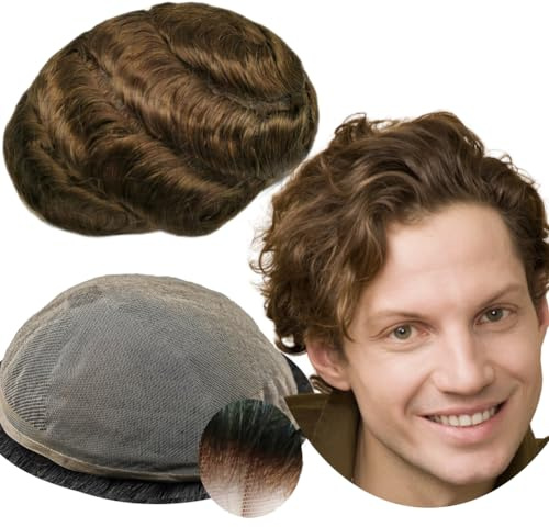 Echthaar Toupet für Männer,Yanahair Gewelltes Haar dünne französische Spitze Gebleicht Knoten natürlichen Haaransatz Perücken Haarsystem Europäische Echthaar Toupet Perücke Mann(10x8,#4 hellbraun)