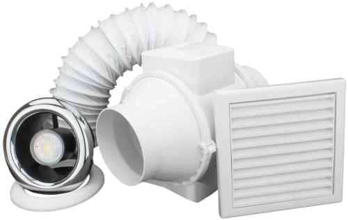 VENTS 100mm Inline Bathroom Extractor Fan Kit with Timer | LED Ceiling Light And Flexible Ducting For Concealed Loft Or Ceiling Installations