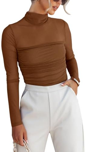 REORIA Women’s Fall Fashion Sexy Long Sleeve Mock Turtle Neck Sheer Mesh Slim Fit Ruched Night Out Leotard Bodysuits Tops Brown X-Large