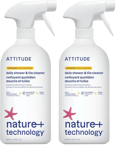 ATTITUDE Daily Shower and Tile Cleaner, EWG Verified, Plant- and Mineral-Based Ingredients, Vegan Household Cleaning Products, Citrus Zest, 800 mL (Pack of 2)