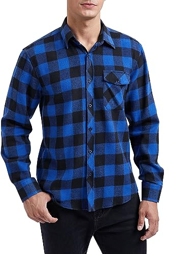 HISDERN Men's Long Sleeve Shirt Checked Flannel Shirts Casual Plaid Button Down Shirt with Pocket for Men Regular Fit Blue XL
