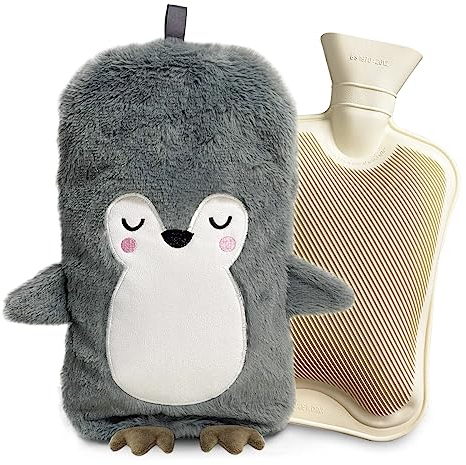 Wärmflasche mit Bezug 2 Liter, Wärmflaschen Tier Groß, Wärmflasche Kinder Pinguin, Wärmeflasche mit Kuschelig Flauschig Kunstpelz Bezug, Handwärmer Silikon Weichem für Hand Fuß Körper Warmhalten