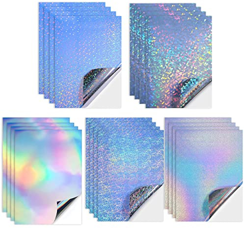 20 Hojas de Papel Adhesivo Holográfico Imprimible, 5 Estilos A4 Papel Adhesivo Impermeable de Vinilo, Lámina Holográfica Vinilo Holográfica Láser Holográfico para Impresora de Inyección de Tinta/Láser