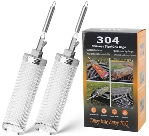 Lxoraziy Rolling 2 Piezas Grilling Basket, 30CM Cesta de Parrilla para Barbacoa Cilíndrica, Cesta para Asar De Acero Inoxidable, para Asar Verduras, Carne, Mariscos
