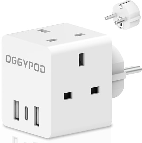 UK to European plug adapter 6-in-1(3 UK Outlets+ 3 USB), Travel adapter UK to Europe with 3USB (2 USB-A and 1 type-C) for Germany France Spain Iceland Greece