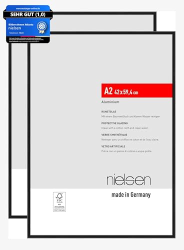 nielsen Aluminium Bilderrahmen Atlanta, 42x59,4 cm (A2) 2er Set, Schwarz | Aluminium Posterrahmen im Hoch- & Querformat zum Aufhängen Schwarz matt bruchsicheres Kunstglas