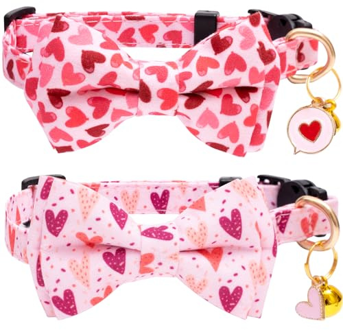 Faygarsle 2 Pack Valentine's Day Cat Collar Cute Loving Heart Printed Collar with Bow tie Breakaway Pink Purple Cat Collar for Boy Girl Cats