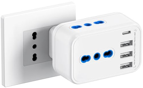 LENCENT Multipresa Salvaspazio da 10A, 2500W Multipla Presa con 3 Prese IT, Presa Elettrica a Muro con 4 Porte USB, Caricatore Spina USB da Parete per Casa Ufficio Viaggio