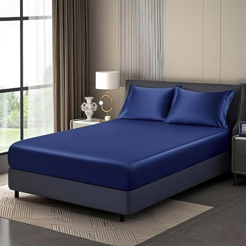 Luowei Satin Spannbettlaken 200x200cm Seidig Kühlend Sommer, Dunkelblau | Seidiger Glanz Boxspringbett Spannbettlaken, Weich und Komfortabel, mit Rundum-Gummizug für 25-30 cm höhe matratze