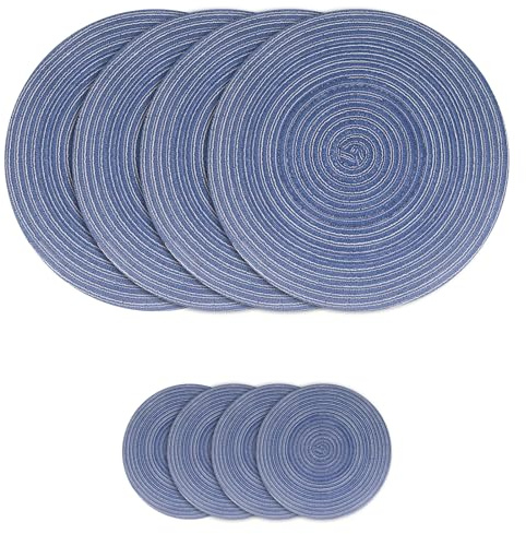JJoexyfit Juego de manteles Individuales Redondos Tejidos, 4 manteles Individuales de algodón de 38 cm y 4 Posavasos de 11 cm, manteles Lavables Resistentes al Calor para Cocina, Mesa de Comedor (azu