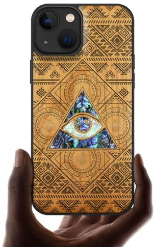 Carveit Coque Magnétique pour iPhone 13 Étui de Protection TPU, Gravure en Bois et Incrustation de Coquille Cover Compatible avec 13 Magsafe Artistique Coque (Cerise-Allsehendes Auge)