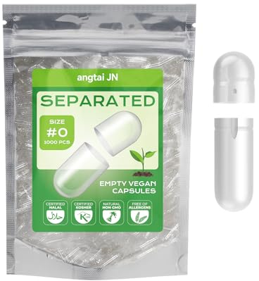 Angtai JN Taglia 0 Capsule Vuote Vegetali Separate 1000 unità,Inclusi corpo capsula e tappo capsula,Compatibile con riempitrice di capsule 0