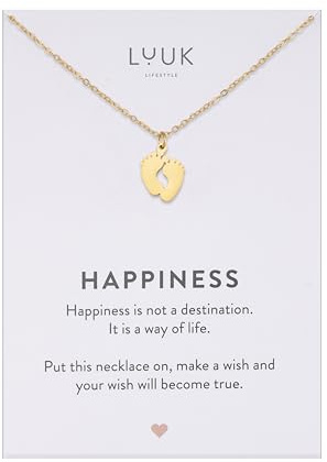 LUUK LIFESTYLE Collar con colgante de y de acero inoxidable tarjeta frase HAPPINESS 50 cm, cadena resistente al agua, amuleto de la suerte, joyería minimalista, regalo para mujer, aniversario, dorado