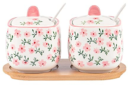 Taza de azúcar Azucarero de cerámica, azucarero de cerámica con tapa, azucarero de cerámica con tapa y cuchara, caja de condimento for salero de granja, caja de especias de cerámica con cuchara y base