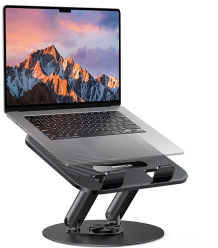 OMOTON Laptop Stand for Desk, 360° Swivel Laptop Riser, Durable Metal Base, Foldable Ergonomic Notebook Stand with Adjustable Height - Fits MacBook and Laptops up to 15 inches - Classic Black