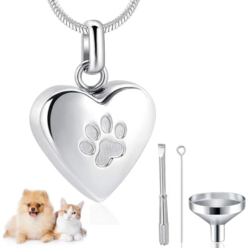 VEOIRXU Urne Kette für Asche, Anhänger Pfoten Abdruck Haustier, Herz Urne Halskette, Memorial Andenken Urne Schmuck mit Trichter-Kit für Haustier/Hunde/Katze Asche（Silber）