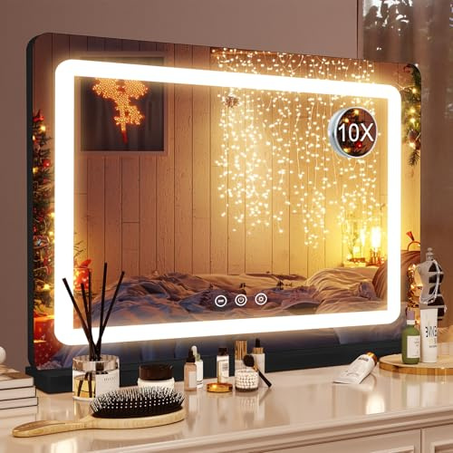 Saimeihome Schminkspiegel mit Beleuchtung Groß Schminkspiegel 3 Lichtfarben Hollywood Spiegel mit USB und 10X Lupe, Touch Control Kosmetikspiegel für Tischplatte oder Wandhalterung 80x55cm Schwarz