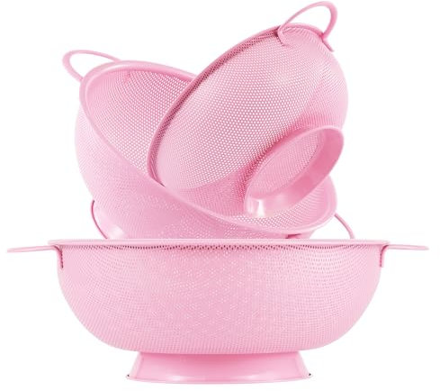 Stainless Steel Colander 3 Piece,Metal Strainer Basket with Solid Base and Handles for Kitchen Food,Pasta, Noodles, Vegetables and Fruits,Powder Coated,BPA Free,Dishwasher Safe,2 & 3 & 4.5 Qt (Pink)