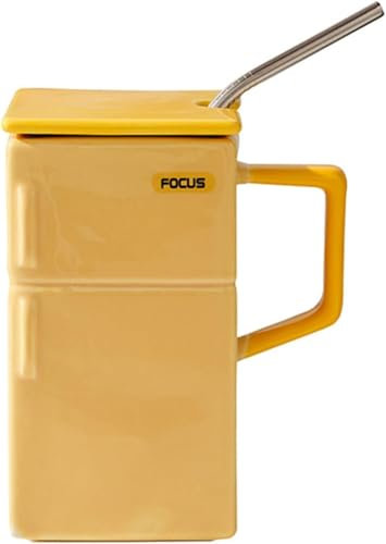 Lustige Tasse Gefriertruhe Kaffeetasse, 550 ml Keramik Teetasse, Keramik Kaffeebecher mit Deckel und Strohhalm, Tolle Geschenke für Freund und Kollegen (Gelb)