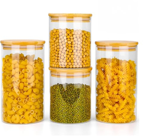 Neo Set of Clear High Borosilicate Glass Storage Jars with Airtight Bamboo Lid Set Kitchen Pantry Food Canister Container (4 Piece)