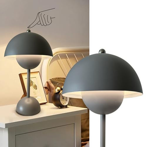 Qichksum Flowerpot Table Lamp with USB Charging Cable, 3 Colors Stepless Dimmable Touch Desk Lamp, Cute Dome Shade Mushroom Bedside Reflecting Light for Nightstand Bedroom, Restaurant (Matte Grey)