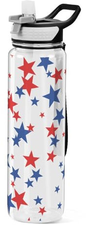 Mnsruu Transparente Sport-Wasserflasche mit Strohhalm, auslaufsichere Trinkflasche, blaue und rote Sterne, Fahrradflaschen für Sport, Büro, Schule, BPA-freier Tritan-Kunststoff, 1 Liter