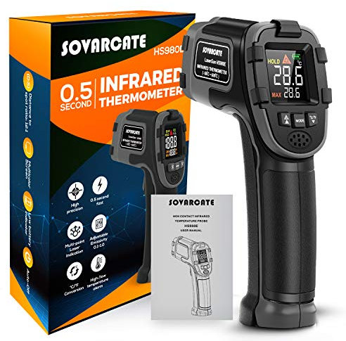 Infrarot Thermometer SOVARCATE Digitaler Präzise Kontaktlos -32°C bis 600°C - Einstellbarer Emissionsgrad - Alarmfunktion bei Höchst-/Nieder-Termperatur - LCD Farb-Display Laserthermometer Pyrometer