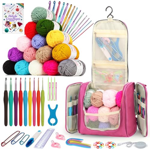 Coopay Set di uncinetto portatile per principianti, set completo di aghi ergonomici da 2,0 a 10 mm, 15 colori di lana per uncinetto, istruzioni
