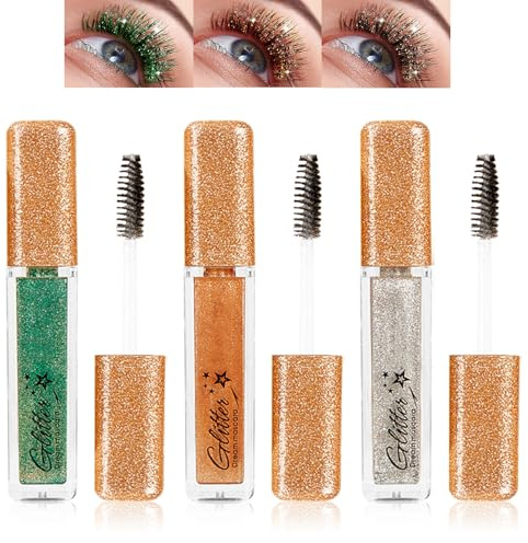 Glitter Mascara, 3 Farben Glitzer Wimperntusche Grün/Gold/Silber, Volumen Bunt Mascara Wasserfest & Langlebig, Voluminöse Wimperntusche mit Shimmer für sehr Funkelnde Augen Make-up, Party/Hochzeit
