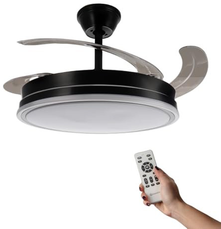 M mimotec - Ventilatore da soffitto Olga nero con luce a LED, telecomando, motore DC, 6 velocità, silenzioso, pale retrattili, funzione estate-inverno, timer, CCT