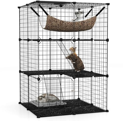 GYMAX 3 Ebenen Katzenkäfig faltbar, Katzengehege mit Oberlicht & Hängematte, Gitterkäfig aus Metall mit 3 abschließbaren Türen, Haustierspielplatz für Katzen & kleine Tiere (3 Etagen)