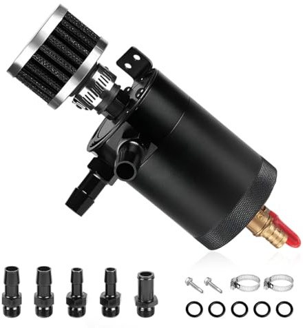 ZNDAW Oil Catch Can Kit, 2-Port Oil Separator Reservoir Tank with Breather Filter Drain Valve, Universal 150ml Billet Aluminum Baffled Catch Can with 5 Adapters, Car Accessories
