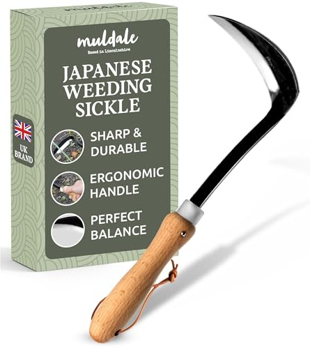 Muldale Japanische Rasierhacke mit ergonomischem Holzgriff, gebogenes Handhackenblatt für manuelles Jäten und Gartenarbeiten