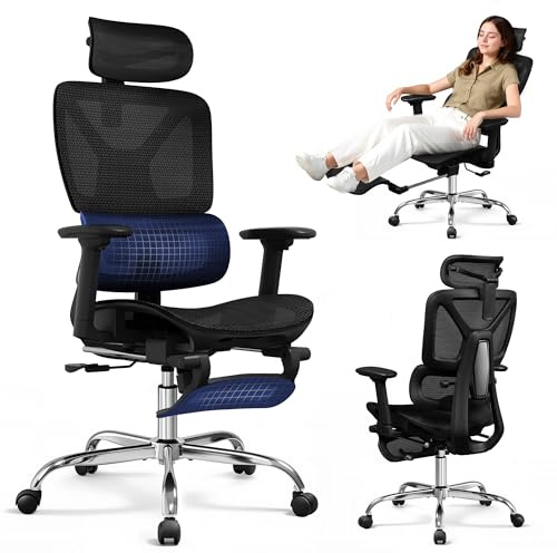 DEVAISE Silla ergonómica Oficina + Respaldo reclinable + Soporte Lumbar y reposapiés + Ruedas silenciosas y Malla Transpirable + Ideal para teletrabajo y Estudio + Negro