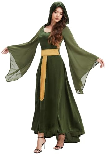 MVFEUIJ Damen Mittelalterliches Retro Grün Langes Kleid mit Kapuze & Schnürung - Renaissance Viktorianische Prinzessin Kostüm für Halloween Karneval Party (Grün, S)