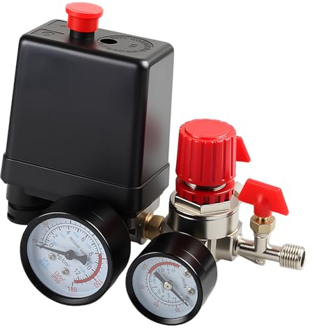 220V Pressostat Compresseur d'Air, Regulateur de Pression avec 2 Manomètres, Soupape de Sécurité 90-120 PSI, Compresseur Pressostat 4 Trous, Régulateur Compresseur Interrupteur Vanne de Régulation