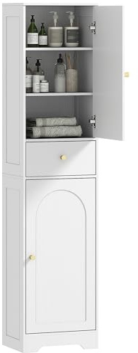 HOMCOM Armario Alto de Baño Estrecho con 2 Puertas Arqueadas Cajón y Estantes Ajustables Columna de Baño Estilo Moderno para Salón Aseo Cocina 40x29,5x170 cm Blanco Veteado