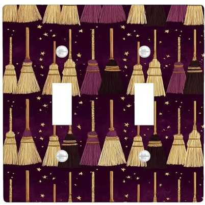 Halloween Broom Light Switch Cover Plates/Outlet Covers, Violet Witch Brooms for Wall Decor, Thermoplastic Wall Plates, Standard Size Double Toggle