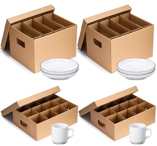 MotiMind 4 Pack Dish Glassware Mug Moving Boxes with Divider Kits Included 15 x 12 x 10 Inch 2 Dish and 17 x 13 x 6 Inch 2 Mug Kitchen Moving Boxes with Handle Packing Box for Glassware