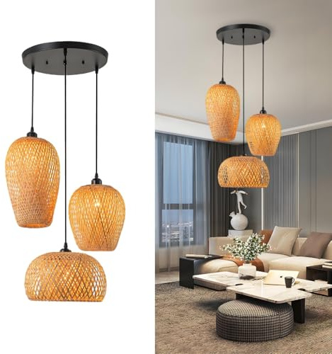 NOCHX 3-Light Rattan Pendant Light E27 Luci A Soffitto Interni in Rattan Lampadari in bambù Tessuti A Mano Lampadario in bambù per Il Soggiorno Sala da Pranzo(A)
