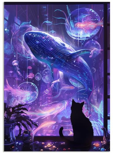Fokenzary Kit di pittura con numeri su tela per adulti principianti con pennello e colori acrilici senza cornice, motivo balena e gatto nero, 40 x 50 cm