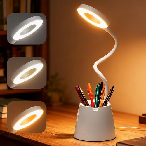 Nzkeuf Schreibtischlampe Kinder, LED Schreibtischlampe für Kinder mit USB, 3 Lichtmodi und Dimmbar, Tischlampe mit Stifthalter & Handy Ständer, Geschenk für Junge, Mädchen, Weiß
