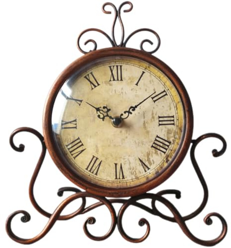 Vintage Européenne Horloge de Table Quartz Silencieux, en Fer et Verre | Ornement Décoratif Rond, Usage Bureau Cuisine, Style Rétro Européen, sans Pile, Brun