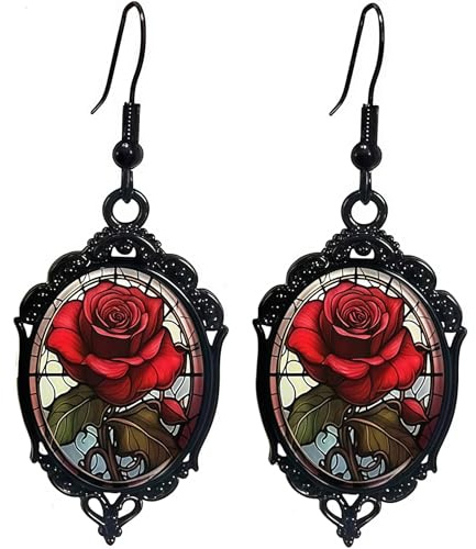 Vesavifaka Gothic Rose Kamee Anhänger Ohrringe, Vintage Kristallglas Blume Tropf Titan Dangle Earrings, Dunkler Punk Stil Rose Ohrringe, Viktorianischer Mystischer Schmuck für Damen und Herren